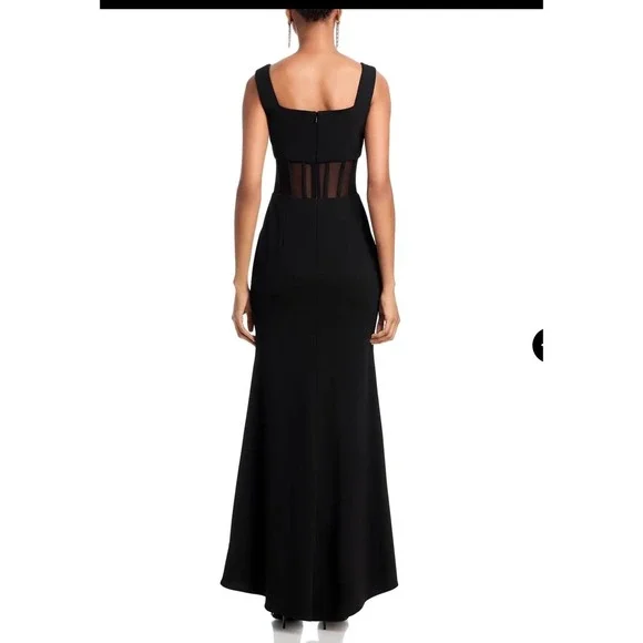 AQUA Black Scuba Crepe Halter Neck Mesh Panel Formal Maxi Dress